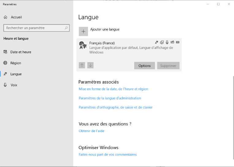 Options linguistiques de Windows